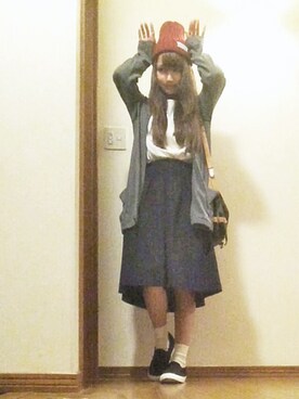 「GU（ジーユー）の（GU）カラーニットキャップ/17 RED（帽子、レッド系）」を使った、***さん（レディース・154cm）の秋コーディネート