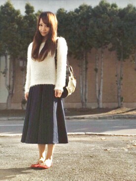 「INGNI（イング）のショート丈フェザーニット（トップス、ホワイト系）」を使った、***さん（レディース・154cm）の秋コーディネート