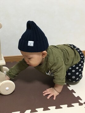 「BEAMS（ビームス）のアイテム（ニットキャップ/ビーニー、ブルー系）」を使った、genさん（キッズ）の秋コーディネート