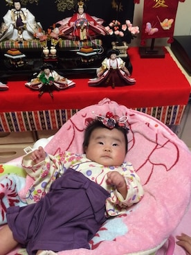 「アイテム（その他ベビー用品、パープル系）」を使った、cocoさん（キッズ・60cm）の春コーディネート