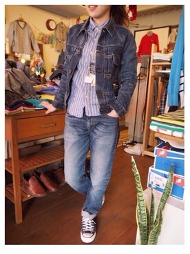 「OMNIGOD（オムニゴッド）のアイテム（デニムジャケット）」を使った、clever elephantさん（レディース・153cm）の冬コーディネート