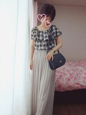 「Heather（ヘザー）のチェックオフショルブラウス　726903（シャツ/ブラウス、ホワイト系）」を使った、rinnonさん（レディース・160cm）の夏コーディネート