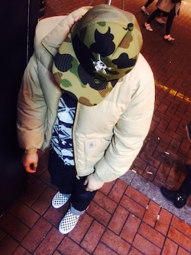 「Bape」｜「アイテム（ダウンジャケット/コート）」を使った、Monster Kwonさん（メンズ・172cm）の冬コーディネート