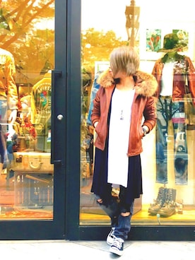 「アメカジ」｜「アイテム（ライダースジャケット）」を使った、minagawaさん（レディース・150cm）の秋コーディネート