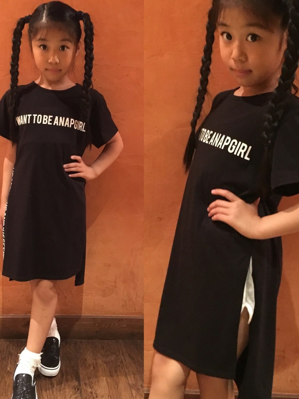 「kids、kidsfashion、KIDSｺｰﾃﾞ、kidsmodel、ANAP、ANAPGIRL、ＡＮＡＰ　ｋｉｄｓ、ブラックコーデ」｜「ANAP GｉRLのアイテム（ワンピース、ブラック系）」を使った、林 未羽さん（キッズ・130cm）の秋コーディネートの1枚目の写真