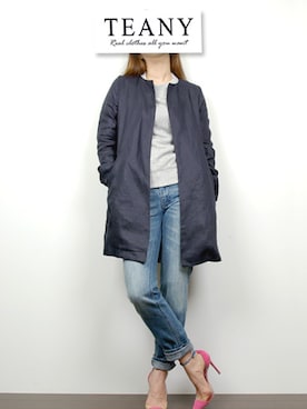 「スウェットトップス」｜「アイテム（ノーカラージャケット）」を使った、TEANY(ティーニー)さん（レディース・163cm）の春コーディネート
