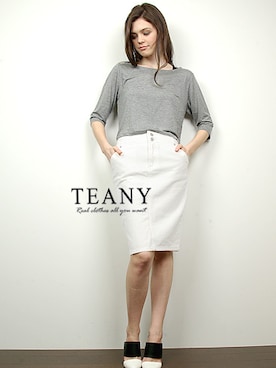 「アイテム（デニムスカート、ホワイト系）」を使った、TEANY(ティーニー)さん（レディース・163cm）の春コーディネート