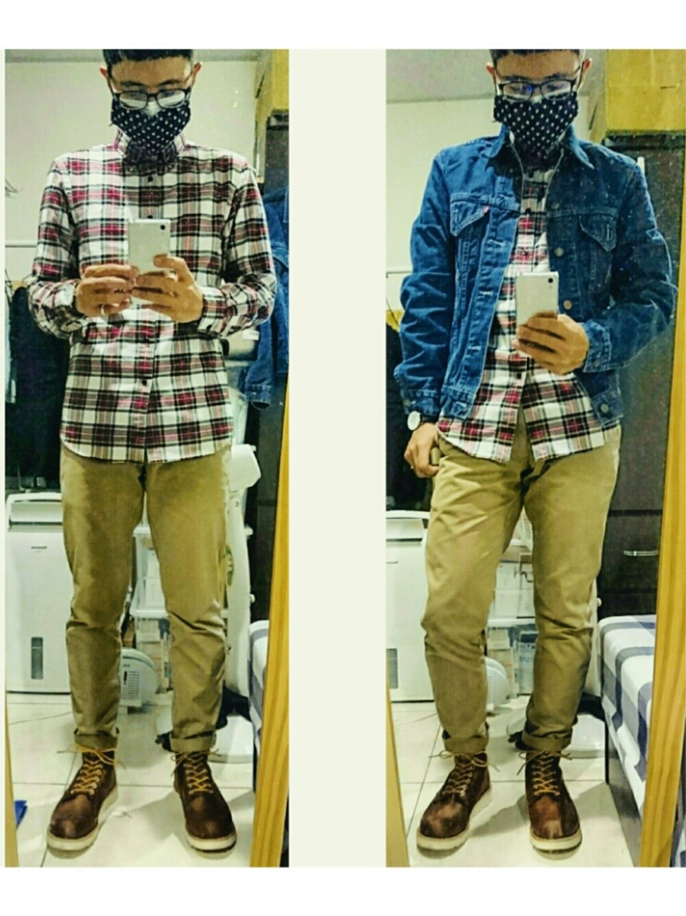 「ootd、秋、outfit、デニム、レッドウィング、Levi's、アメカジ、古著、フランネルシャツ」｜「UNIQLOの復古無折卡其褲（チノパンツ、ブラウン系）」を使った、kamokoさん（メンズ・168cm）の秋コーディネートの1枚目の写真