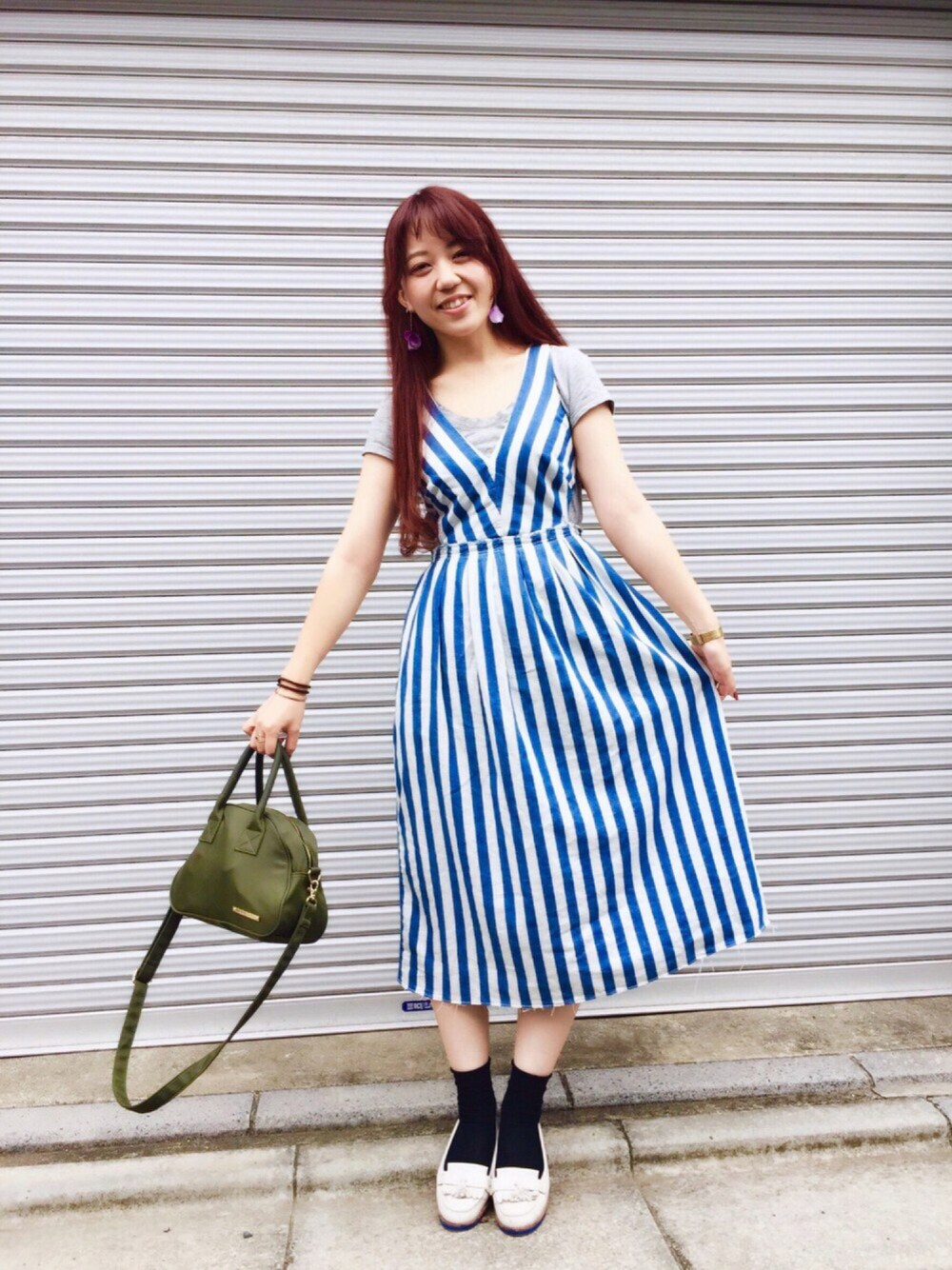 「ワンピース、カジュアル、Tシャツ、UNIQLO、ストライプ、ZARA、夏コーデ、ロングヘア、 フリンジデニム」｜「ORiental TRafficのJILLE掲載★春夏新作★タッセルローファー★4115（パンプス、ホワイト系）」を使った、MicaMicaさん（レディース・170cm）の春コーディネートの1枚目の写真