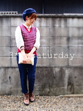 「アイテム（ベスト、レッド系）」を使った、moeさん（レディース・164cm）の春コーディネート