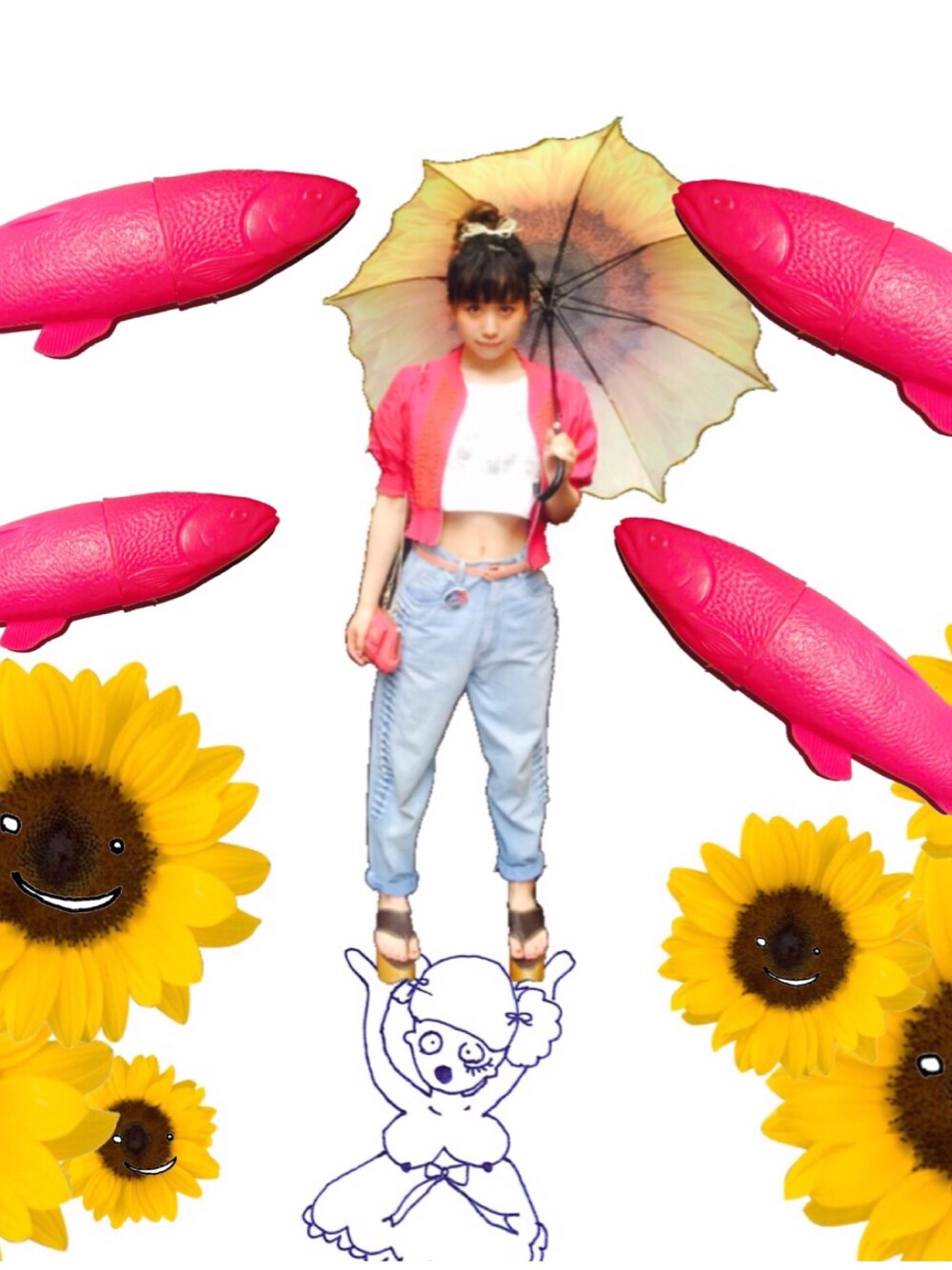 「楽チンコーデ、雨の日コーデ、ハイウエスト、梅雨、雨の日、ootd、パンツ、パンツスタイル、ロッキンホース、ヘソだし」｜「usedのアイテム（デニムパンツ、ブルー系）」を使った、YUK/ゆっくさん（レディース・149cm）の夏コーディネートの1枚目の写真