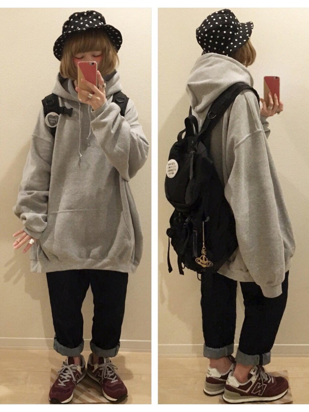 ブルー系のデニムパンツ、ブラック系のバックパック/リュック、レッド系のスニーカーを着用したレディースの春コーディネートの1枚目の写真