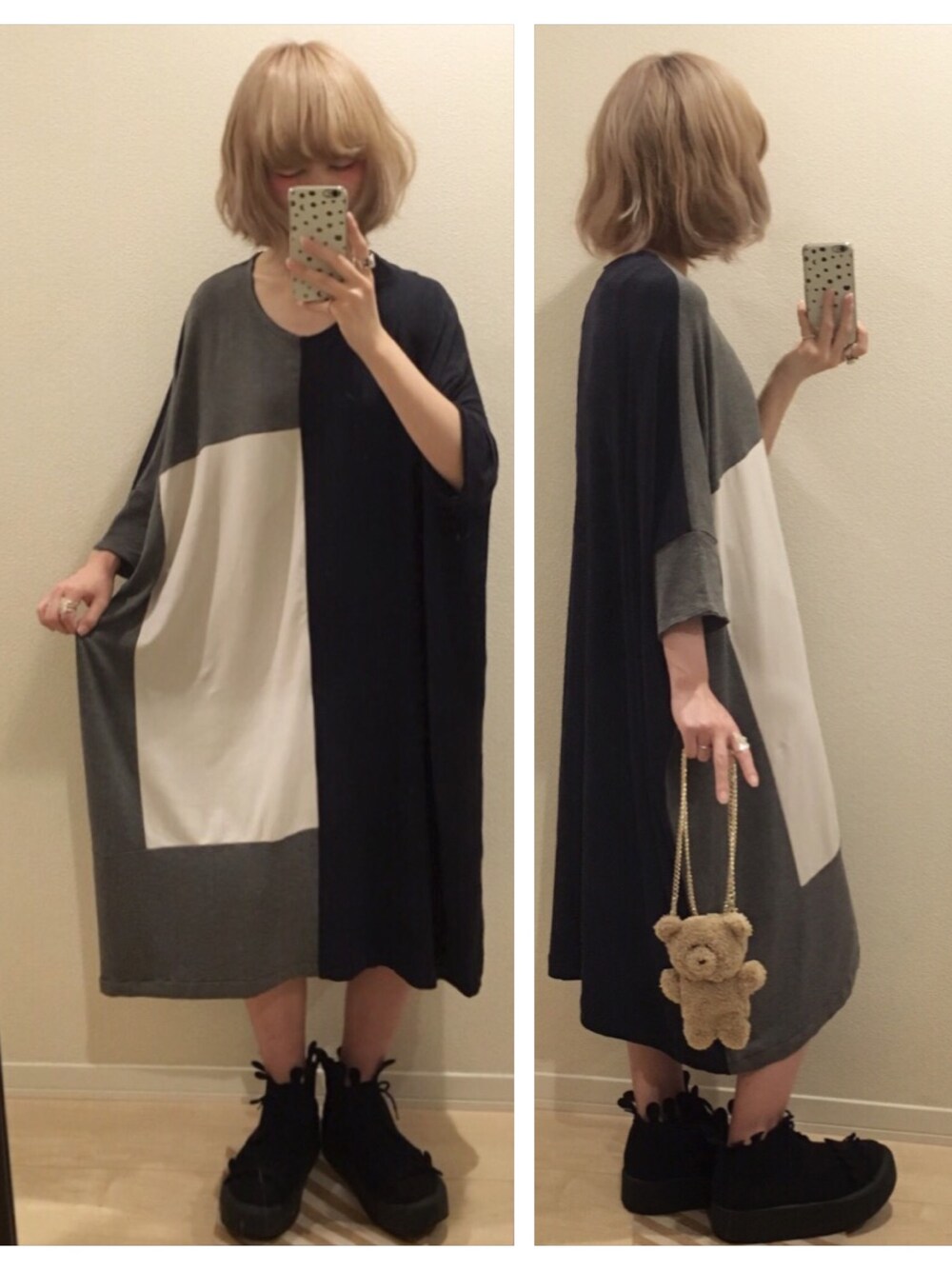 「ビッグシルエット、ワンピース、ネイビー、くまさん、東京ボッパー」｜「Dulcamaraの2016春夏 パフベア 35 ワイドワンピース　WOMEN（ワンピース、ブルー系）」を使った、みしゃへむらいと𖤐°。さん（レディース・157cm）の夏コーディネートの1枚目の写真