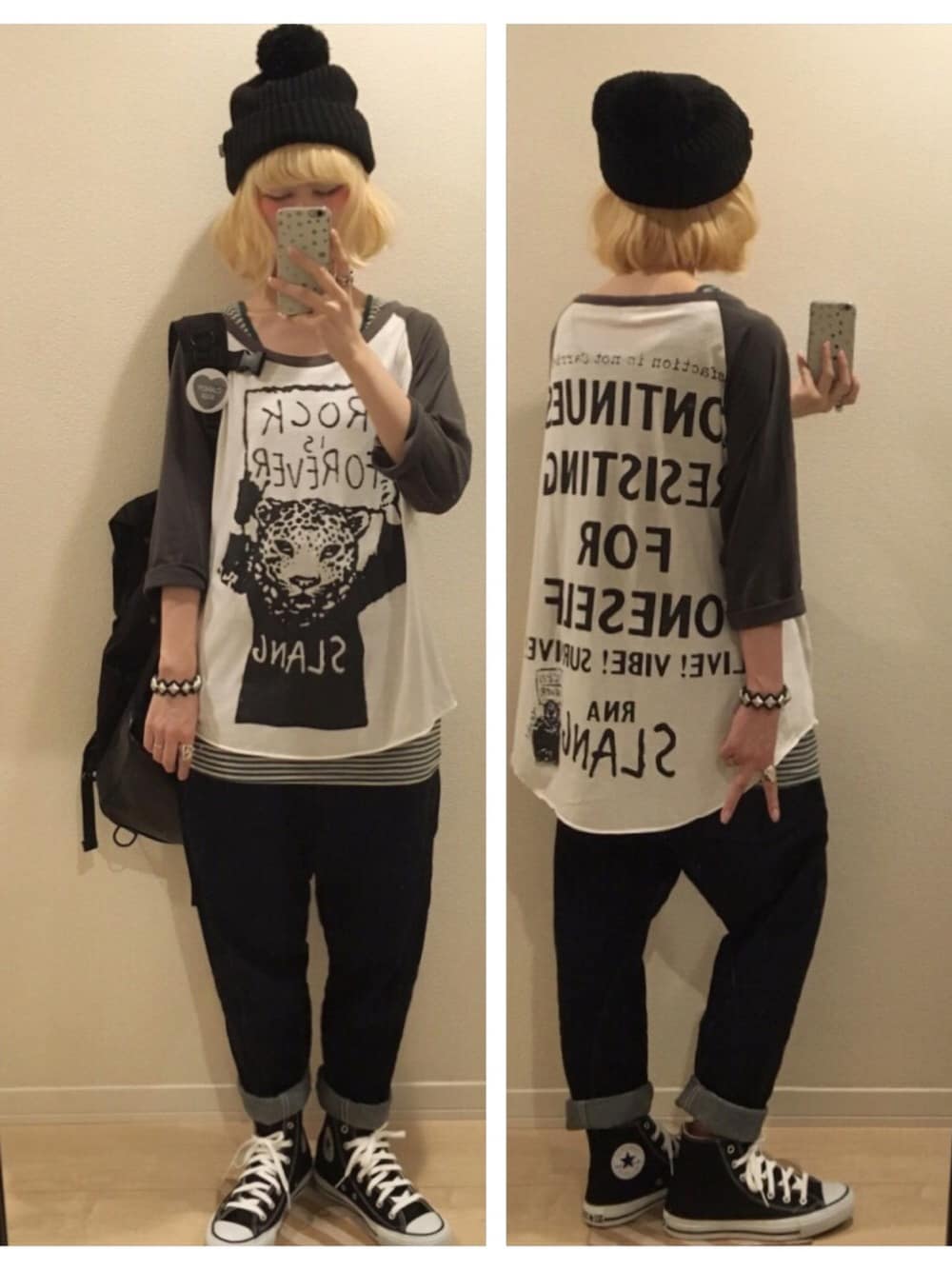 「ドラフトRNA、LIVE、モノトーン、白黒、テーパードパンツ、ラグランTシャツ、アニマル、コンバース、コンバース ハイカット」｜「RNAのE4027 BIGポンポンニットワッチ（ニットキャップ/ビーニー、ブラック系）」を使った、みしゃへむらいと𖤐°。さん（レディース・157cm）の夏コーディネートの1枚目の写真