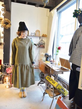 「onionakitaのアイテム（One piece dress、グリーン系）」を使った、onion Akitaさん（レディース）の冬コーディネート