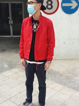 「red」｜「アイテム（ナイロンジャケット）」を使った、Jimmy.Kさん（メンズ・174cm）の冬コーディネート