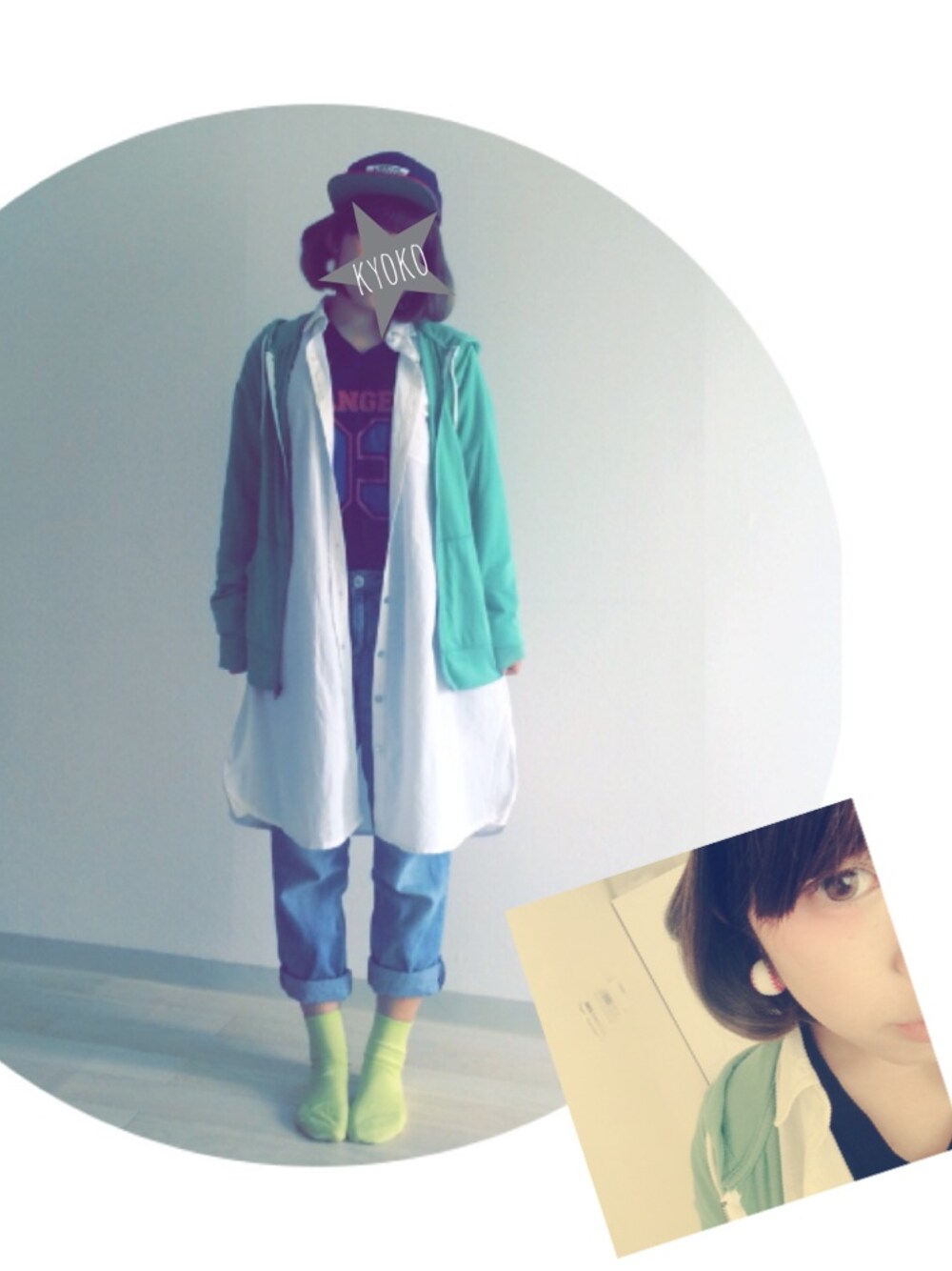 グリーン系のパーカーを着用したレディースの春コーディネートの1枚目の写真