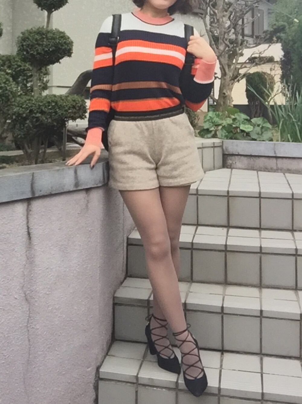 「グレージュ、マルチボーダー、GU、プチプラ、おでかけ」｜「GUのアイテム（ニット/セーター、その他）」を使った、Hazukiさん（レディース・158cm）の春コーディネートの1枚目の写真