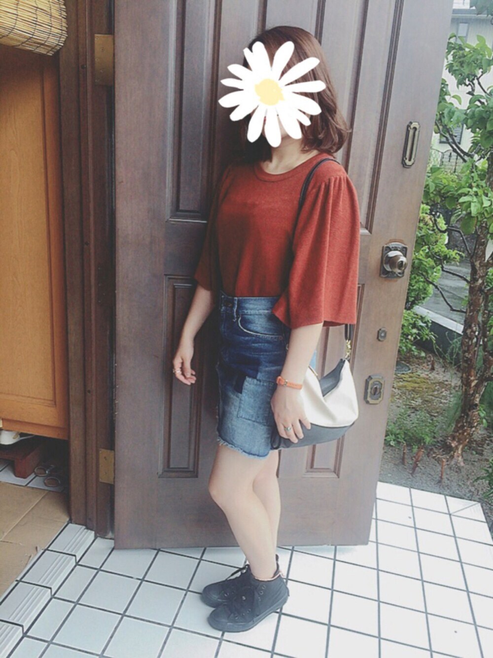 「orange、autumn、denim」｜「w closetのアイテム（ニット/セーター、オレンジ系）」を使った、Hazukiさん（レディース・158cm）の夏コーディネートの1枚目の写真