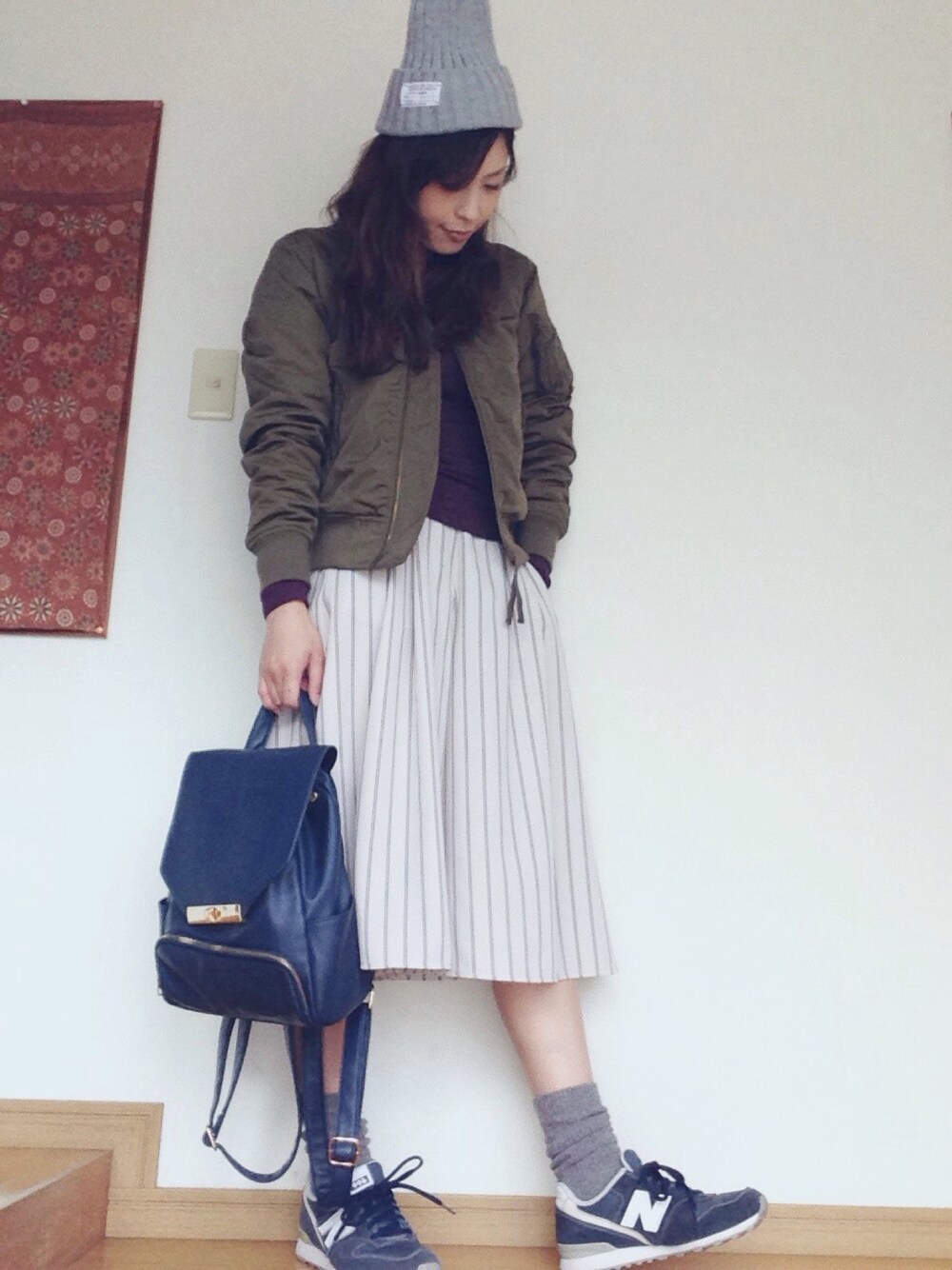 「MA-1、ガウチョパンツ、New Balance、若作りサークル、服バカ、WEARママ部」｜「LOWRYS FARMのBIGMA-1　568109（MA-1、グリーン系）」を使った、shimaさん（レディース・164cm）の冬コーディネートの1枚目の写真