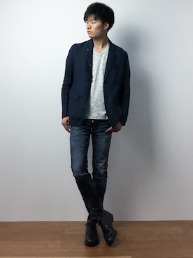 「細身」｜「アイテム（テーラードジャケット）」を使った、武井一輝さん（メンズ・172cm）の春コーディネート