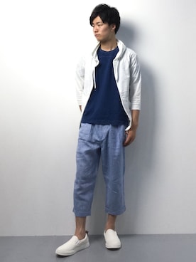 「HVC（エイチブイシー）のアイテム（パンツ）」を使った、武井一輝さん（メンズ・172cm）の夏コーディネート