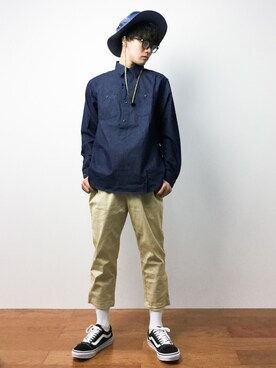 「アイテム（ハット、ブルー系）」を使った、武井一輝さん（メンズ・172cm）の夏コーディネート