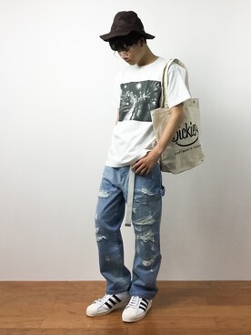 「UP START（アップスタート）のアイテム（帽子）」を使った、武井一輝さん（メンズ・173cm）の夏コーディネート
