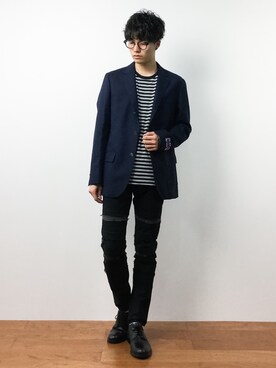 「unrelaxing（アンリラクシング）のアイテム（トップス）」を使った、武井一輝さん（メンズ・173cm）の秋コーディネート