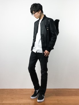 「ノーカラーシャツ」｜「アイテム（ライダースジャケット）」を使った、武井一輝さん（メンズ・173cm）の秋コーディネート