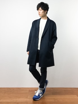 「green label relaxing（グリーンレーベルリラクシング）のアイテム（チェスターコート）」を使った、武井一輝さん（メンズ・173cm）の秋コーディネート
