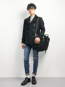 「STUDIOUS（ステュディオス）のアイテム（ピーコート）」を使った、武井一輝さん（メンズ・173cm）の秋コーディネート