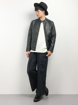 「ZIP FIVE（ジップファイブ）のアイテム（ライダースジャケット）」を使った、武井一輝さん（メンズ・173cm）の秋コーディネート