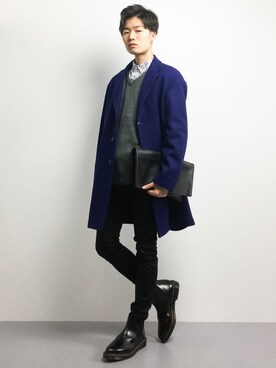 「green label relaxing（グリーンレーベルリラクシング）のアイテム（チェスターコート）」を使った、武井一輝さん（メンズ・173cm）の秋コーディネート