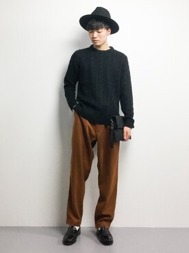 「JUNRED（ジュンレッド）の【ゆったり暖かい】ウォームクロスワイドテーパードパンツ（その他パンツ）」を使った、武井一輝さん（メンズ・173cm）の秋コーディネート