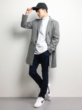 「JUNRED（ジュンレッド）のアイテム（チェスターコート）」を使った、武井一輝さん（メンズ・173cm）の秋コーディネート
