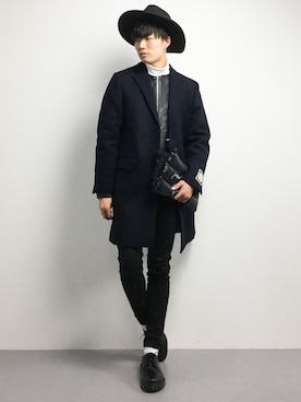 「green label relaxing（グリーンレーベルリラクシング）のアイテム（チェスターコート）」を使った、武井一輝さん（メンズ・173cm）の冬コーディネート