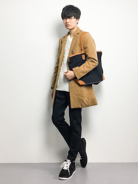 「Right-on（ライトオン）のアイテム（チェスターコート）」を使った、武井一輝さん（メンズ・173cm）の冬コーディネート