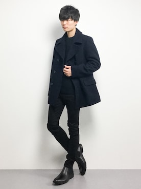 「NANO universe（ナノユニバース）のアイテム（ピーコート）」を使った、武井一輝さん（メンズ・173cm）の冬コーディネート