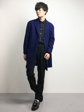 「green label relaxing（グリーンレーベルリラクシング）のアイテム（チェスターコート）」を使った、武井一輝さん（メンズ・173cm）の冬コーディネート