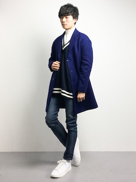 「green label relaxing（グリーンレーベルリラクシング）のアイテム（チェスターコート）」を使った、武井一輝さん（メンズ・173cm）の冬コーディネート