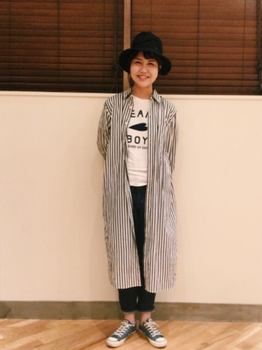 「デニム、秋のコーデ、BEAMS BOY、orslow、ストライプ」｜「BEAMS BOYのdecho / Hunter Hat 15FW（ハット、ブラック系）」を使った、nishikawaさん（レディース・166cm）の秋コーディネートの1枚目の写真