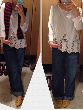 「スカラップ」｜「アイテム（チュニック）」を使った、ふきさん（レディース・158cm）の春コーディネート