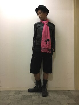 「ハーフパンツ」｜「アイテム（ライダースジャケット）」を使った、チャムさん（メンズ・168cm）の秋コーディネート