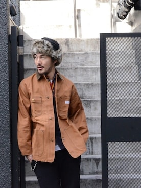 「Carhartt（カーハート）のアイテム（カバーオール）」を使った、hajime722さん（メンズ・176cm）の冬コーディネート