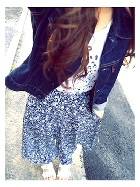 「花柄パンツ」｜「アイテム（デニムジャケット）」を使った、haさん（レディース・149cm）の春コーディネート