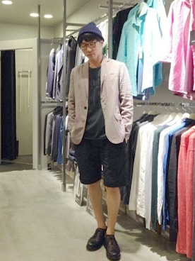 「KATHARINE HAMNETT LONDON （キャサリンハムネットロンドン）のアイテム（ジャケット/アウター）」を使った、miyaさん（メンズ・169cm）の夏コーディネート