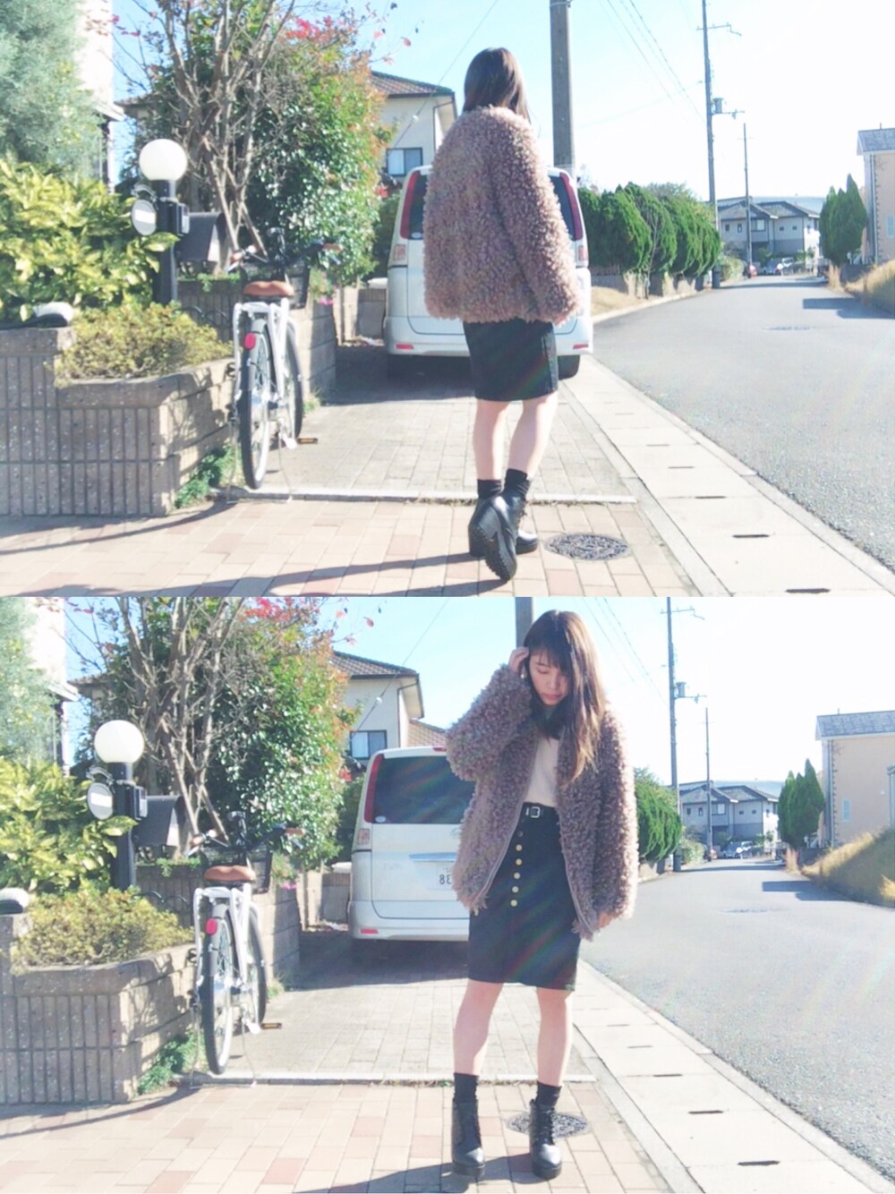 「冬コーデ、mcmcouter、ohotoro、タイトスカート、モコモコアウター、ootd」｜「ohotoroのアイテム（ジャケット/アウター、ブラウン系）」を使った、miyukiさん（レディース・159cm）の冬コーディネートの1枚目の写真