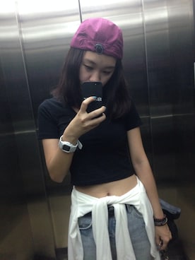 「HUF（ハフ）のアイテム（キャップ、レッド系）」を使った、poohさん（レディース・161cm）の夏コーディネート