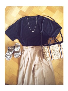 「niko and...（ニコアンド）のオリジナル ミニラインテープカゴバッグ【niko and...】（かごバッグ）」を使った、matsuさん（レディース・147cm）の夏コーディネート